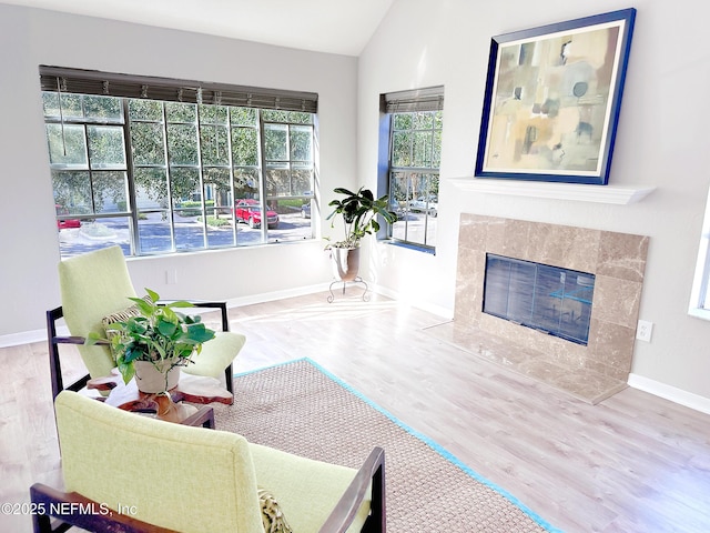 living room featuring a fireplace, hardwood / wood-style flooring, and vaulted ceiling