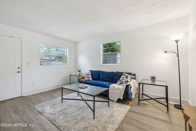 living room featuring a textured ceiling and light hardwood / wood-style floors