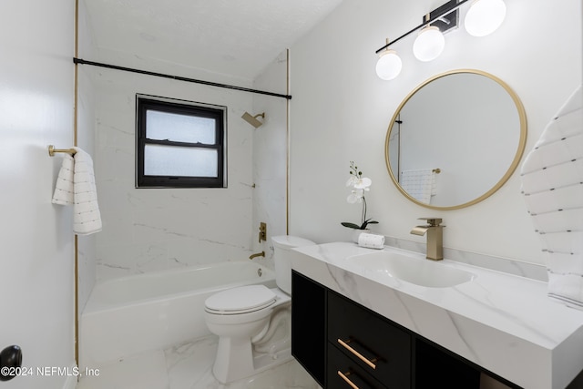 full bathroom featuring vanity, tiled shower / bath combo, and toilet