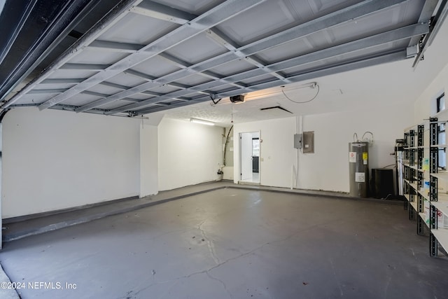 garage with electric panel, electric water heater, and a garage door opener