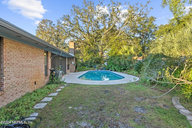 view of pool with a yard