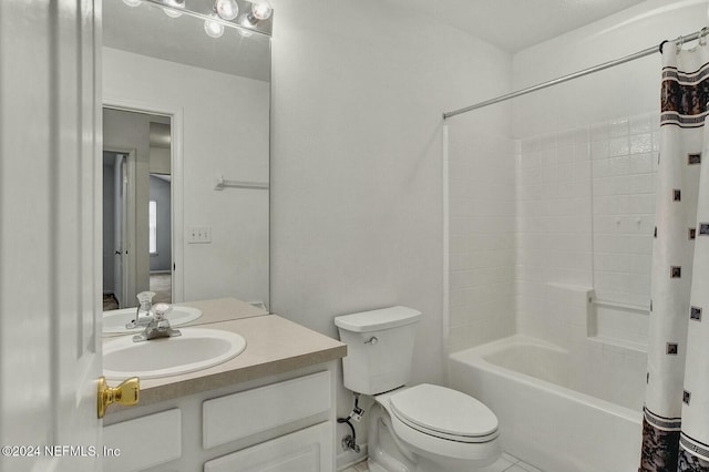 full bathroom featuring tile patterned flooring, vanity, shower / bath combination with curtain, and toilet