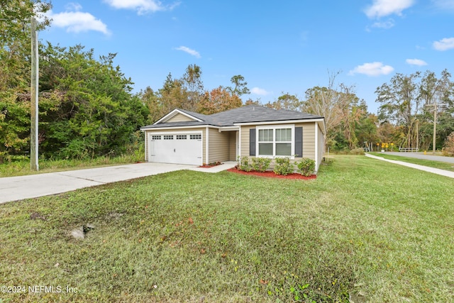 single story home featuring a front yard and a garage