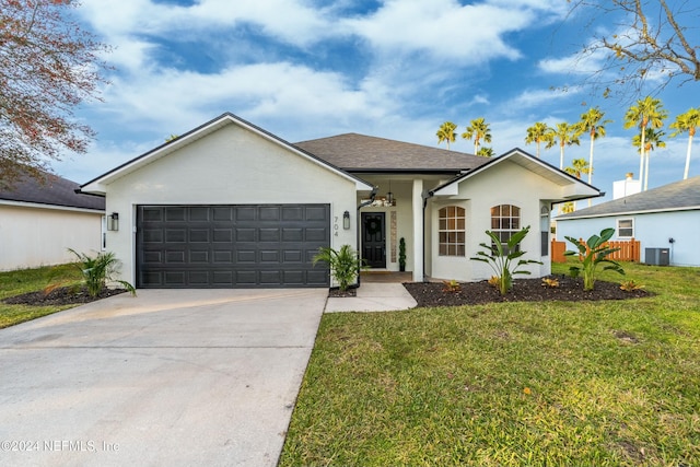 ranch-style home featuring central AC unit, a garage, and a front lawn