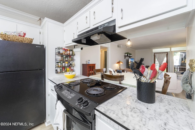 kitchen featuring black appliances, white cabinetry, ornamental molding, and light hardwood / wood-style flooring