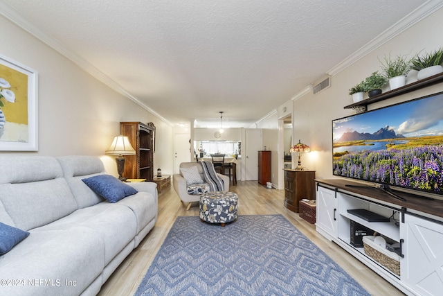 living room with crown molding, light hardwood / wood-style flooring, and a textured ceiling