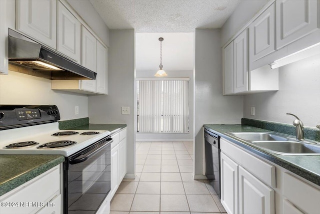 kitchen featuring sink, light tile patterned floors, white range with electric cooktop, black dishwasher, and white cabinetry