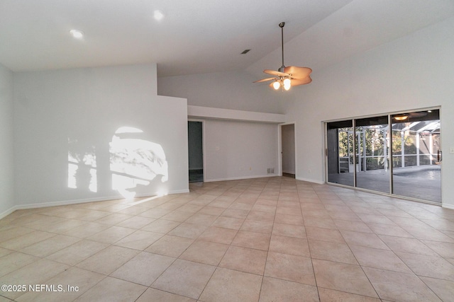 unfurnished room with high vaulted ceiling, ceiling fan, and light tile patterned flooring