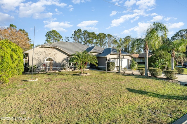 ranch-style home with a garage and a front lawn