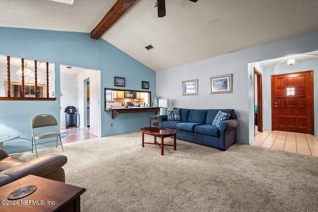 carpeted living room with beam ceiling, a textured ceiling, high vaulted ceiling, and ceiling fan