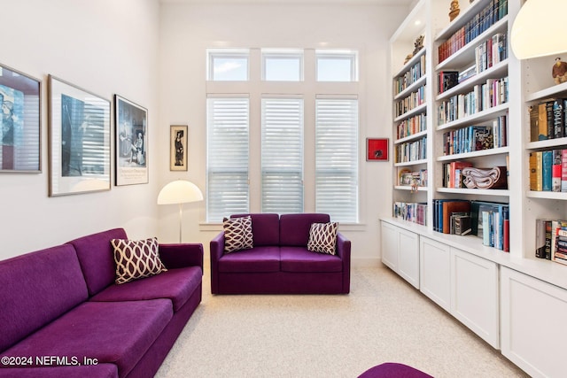 living room with built in shelves and light colored carpet