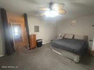 carpeted bedroom with ceiling fan