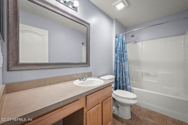 full bathroom with tile patterned floors, toilet, shower / tub combo, a textured ceiling, and vanity