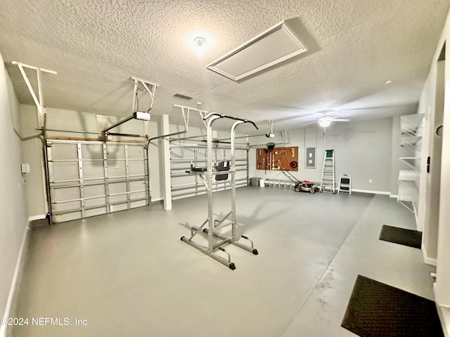 interior space with electric panel, ceiling fan, and a textured ceiling