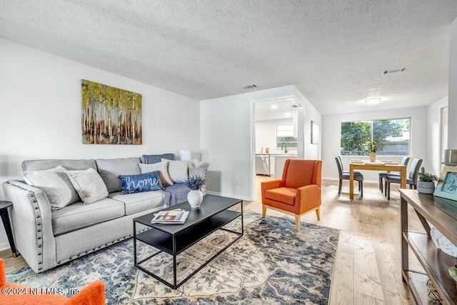 living room featuring wood-type flooring and a textured ceiling