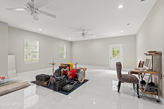 recreation room with ceiling fan