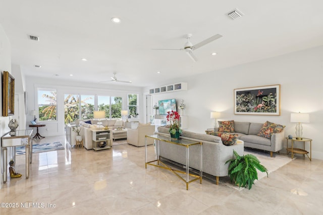 living room with ceiling fan