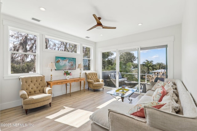 living room with ceiling fan and light wood-type flooring