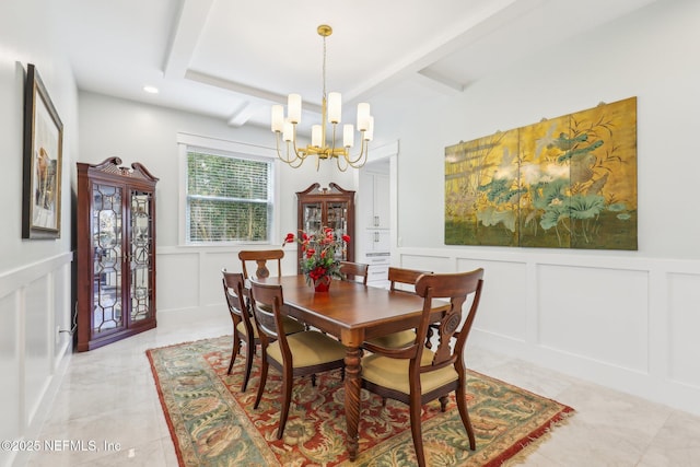 tiled dining area with an inviting chandelier and beamed ceiling