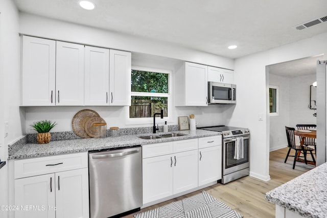 kitchen featuring light stone countertops, appliances with stainless steel finishes, light wood-type flooring, sink, and white cabinetry