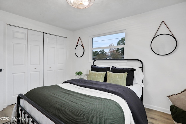 bedroom with hardwood / wood-style flooring and a closet