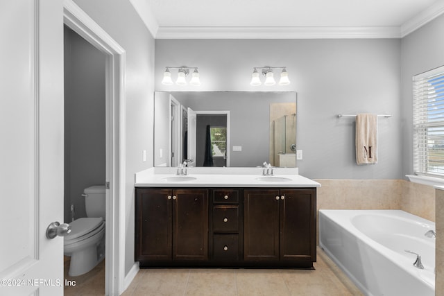 full bathroom with tile patterned floors, separate shower and tub, ornamental molding, and toilet