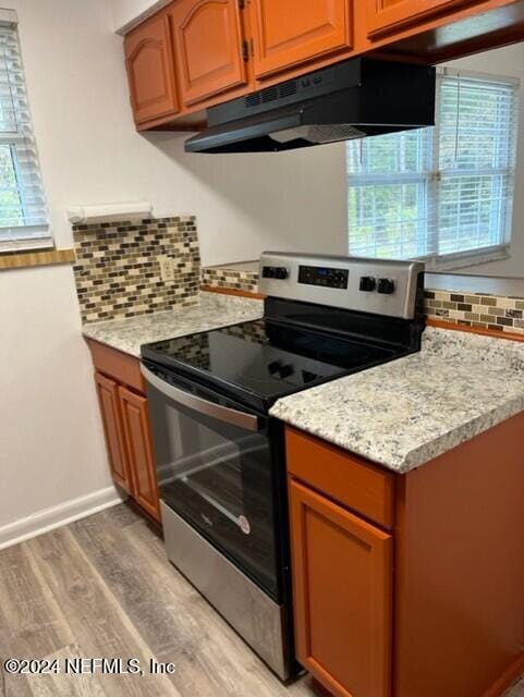 kitchen featuring backsplash, light hardwood / wood-style flooring, and stainless steel electric range