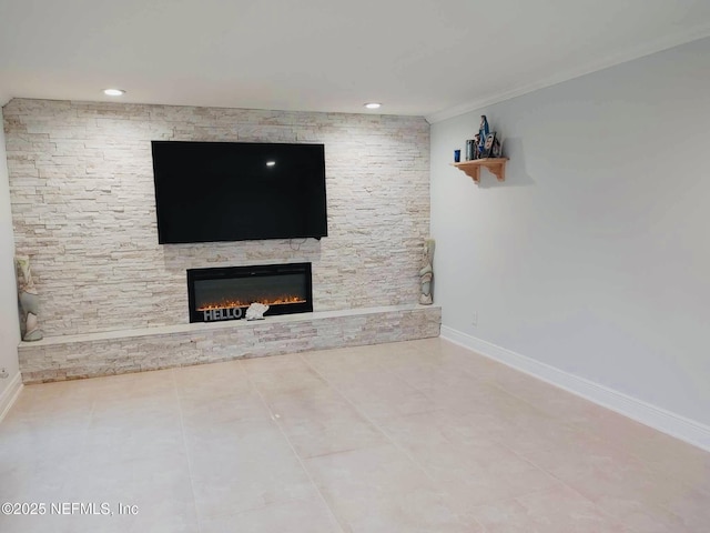 11050 Oak Ridge Dr N, Jacksonville, FL 32225 - unfurnished living room featuring crown molding, recessed lighting, baseboards, tile patterned floors, and a stone fireplace