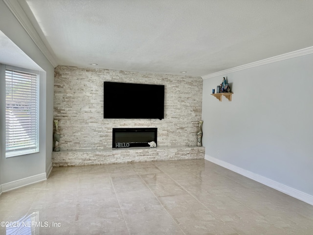 11050 Oak Ridge Dr N, Jacksonville, FL 32225 - unfurnished living room featuring baseboards, a fireplace, ornamental molding, and a textured ceiling