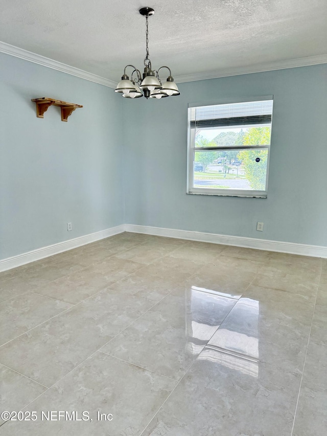 11050 Oak Ridge Dr N, Jacksonville, FL 32225 - spare room with baseboards, a notable chandelier, crown molding, and a textured ceiling