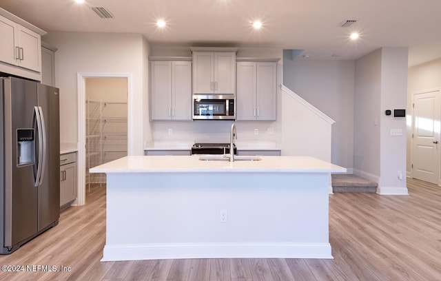 kitchen with a kitchen island with sink, sink, light hardwood / wood-style flooring, and appliances with stainless steel finishes