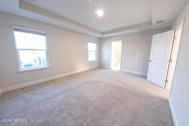 spare room featuring light carpet and a tray ceiling