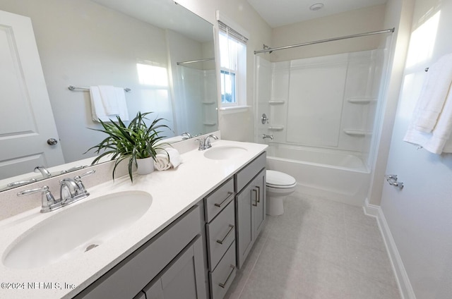 full bathroom with shower / tub combination, vanity, and toilet