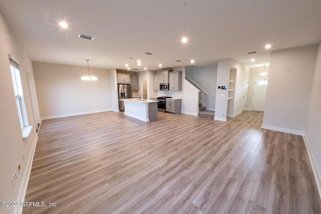 unfurnished living room with built in features, light wood-type flooring, sink, and an inviting chandelier