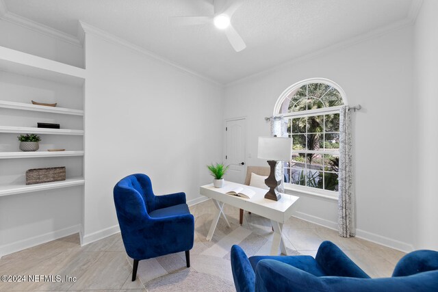 home office featuring built in shelves, ceiling fan, light tile patterned flooring, and ornamental molding