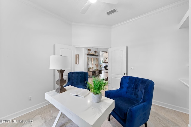 office featuring ceiling fan, ornamental molding, and light tile patterned flooring