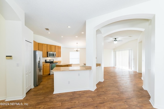 kitchen featuring kitchen peninsula, dark hardwood / wood-style flooring, lofted ceiling, and stainless steel appliances