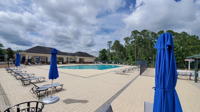 view of swimming pool with a patio area