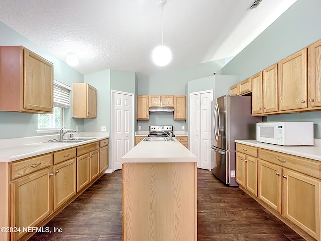 kitchen with dark wood-type flooring, a kitchen island with sink, sink, and stainless steel appliances