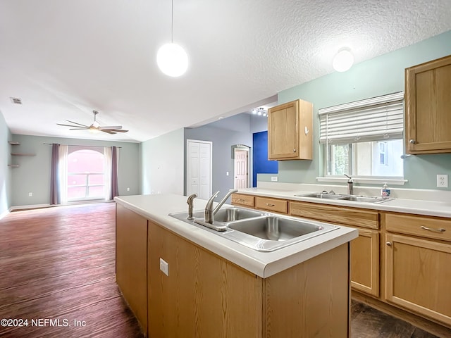 kitchen featuring decorative light fixtures, a kitchen island with sink, dark wood-type flooring, and sink