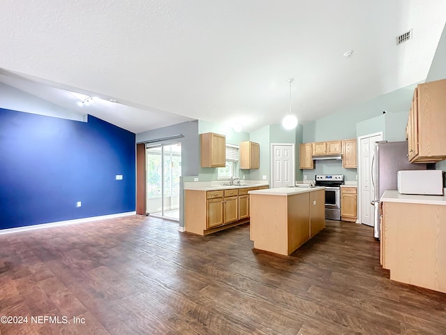 kitchen featuring a center island, sink, dark hardwood / wood-style floors, vaulted ceiling, and stainless steel range with electric stovetop