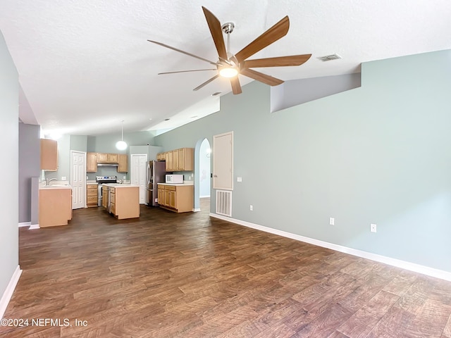 unfurnished living room featuring dark hardwood / wood-style flooring, high vaulted ceiling, ceiling fan, and sink