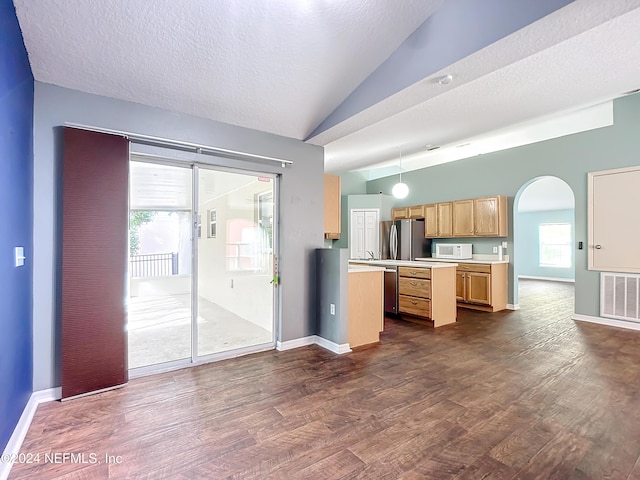 kitchen featuring dark wood-type flooring, a textured ceiling, appliances with stainless steel finishes, and vaulted ceiling