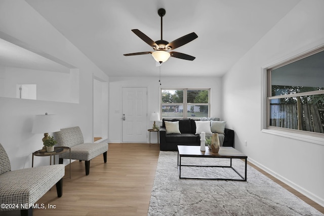 living room with ceiling fan and light wood-type flooring