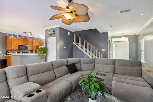 living room featuring crown molding, ceiling fan, and a textured ceiling