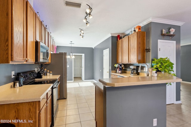 kitchen with hanging light fixtures, ornamental molding, light tile patterned floors, black / electric stove, and kitchen peninsula