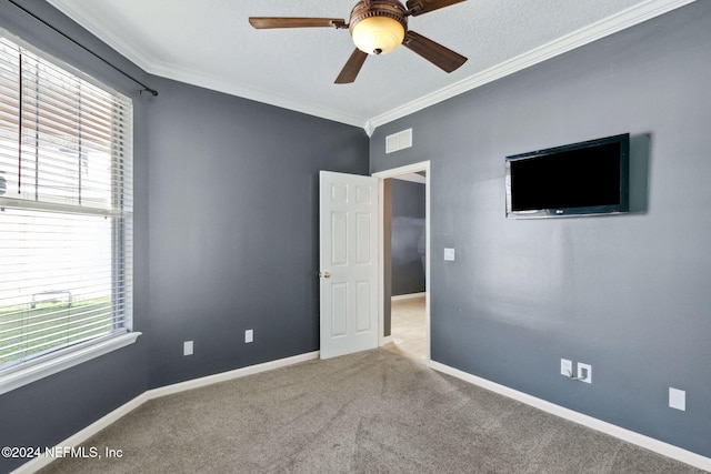 carpeted empty room featuring ceiling fan, plenty of natural light, a textured ceiling, and ornamental molding