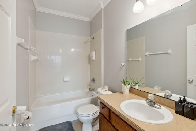 full bathroom with tiled shower / bath combo, tile patterned flooring, crown molding, toilet, and vanity