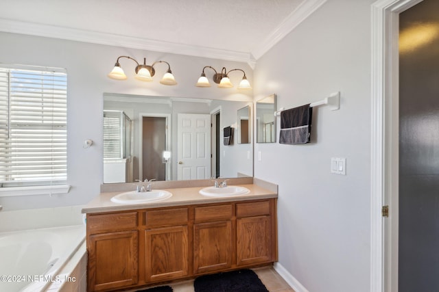 bathroom with tile patterned floors, vanity, a relaxing tiled tub, and ornamental molding