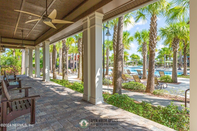 view of patio with ceiling fan and a community pool